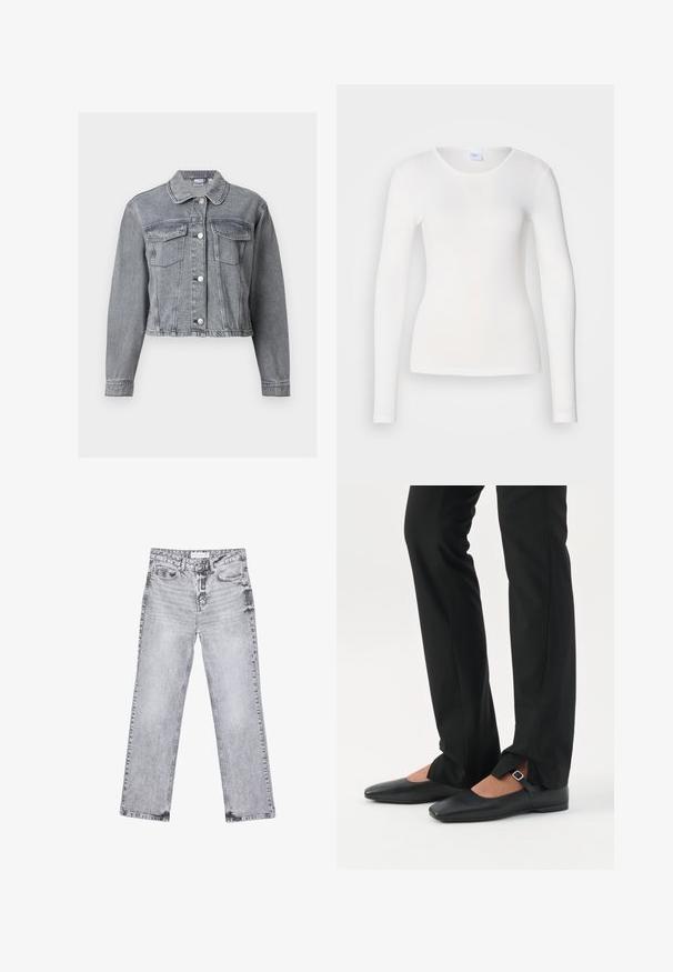 Grijze cropped spijkerjack met lange mouwen, knoopsluiting aan de voorkant en twee borstzakken met klep op een witte achtergrond.; Witte lange mouwen shirt gemaakt van een zachte, gladde stof; heeft een ronde halslijn en een aansluitende vorm, zonder patronen of versieringen.; Grijze denim jeans met een rechte pijp, versleten details, vijf zakken en koperen klinknagels. De tailleband is voorzien van een logo-label.; Benen met zwarte smalle broek met voorsplitten aan de zoom, gecombineerd met zwarte platte Mary Jane-schoenen met een klein gespje.
