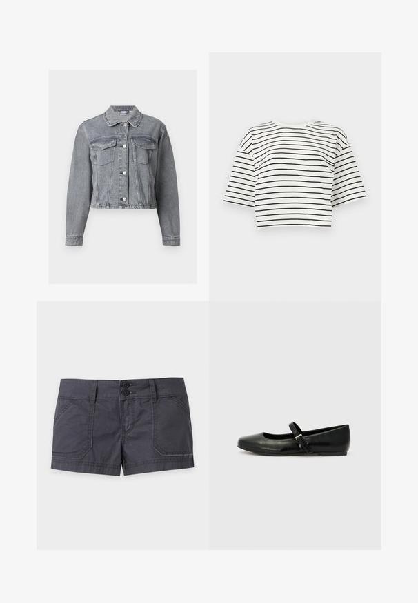 Grå cropped denimjakke med lange ærmer, knaplukning foran og to brystlommer med klap på hvid baggrund.; Hvid croppet T-shirt med sorte vandrette striber og korte, brede ærmer på en ensfarvet lys baggrund.; Mørkegrå casual shorts med dobbelt knaplukning, bæltestropper, forlommer og synlige syninger på en ensfarvet lys baggrund.; Sorte læder balletflade med rund tå, flad sål og en tynd justerbar rem over svangen med en metalspænde.