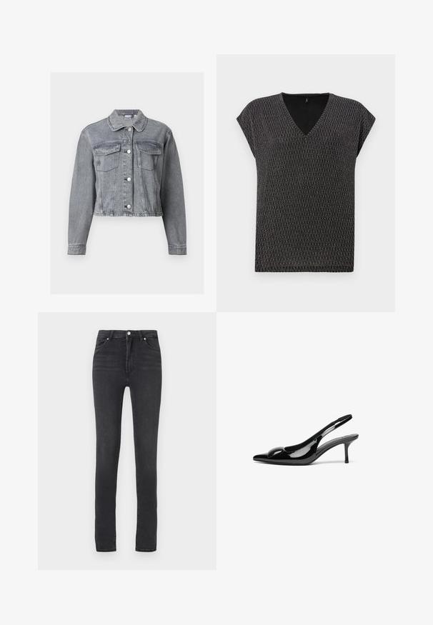Graue, kurze Jeansjacke mit langen Ärmeln, Knopfleiste vorne und zwei Brustklappentaschen auf weißem Hintergrund.; Schwarzes V-Ausschnitt-Oberteil mit kurzen Ärmeln, das ein strukturiertes Strickmuster in diagonaler Rautengestaltung aufweist. Weicher Stoff mit leichtem Glanz.; Schwarze Skinny-Jeans mit hoher Taille, aus Stretch-Denim, ausgestattet mit Gürtelschlaufen, minimaler Nahtverarbeitung und einem klassischen Fünf-Taschen-Design.; Schwarze patentierte Slingback-Absätze mit spitzem Zehenbereich und glänzender Oberfläche. Besitzt einen schlanken Absatz und eine abgerundete Akzentuierung am Schuhoberteil.