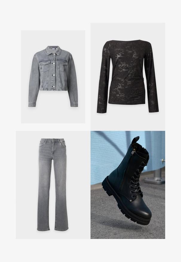 Graue, kurze Jeansjacke mit langen Ärmeln, Knopfleiste vorne und zwei Brustklappentaschen auf weißem Hintergrund.; Schwarzes Langarm-Oberteil mit transparentem Blumen-Spitzenmuster und Boot-Ausschnitt, auf einem einfarbigen hellgrauen Hintergrund dargestellt.; Gerade geschnittene Jeans aus grauem Denim mit Vordertaschen, Gürtelschlaufen und Knopfverschluss.; Schwarze Lederstiefeletten mit Schnürdesign, seitlichem Reißverschluss, strukturiertem Finish und einer robusten Sohle mit ausgeprägtem Profil.
