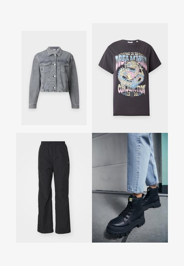 Graue, kurze Jeansjacke mit langen Ärmeln, Knopfleiste vorne und zwei Brustklappentaschen auf weißem Hintergrund.; Schwarzes T-Shirt mit pastellfarbenem Drachen, der um das Yin-Yang-Symbol gewickelt ist, Text „Lost in the Dreamland Conjunction 1998“ in stilisierter Schrift.; Schwarze, leichte Hose mit elastischem Bund und Kordelzug. Verfügt über eine strukturierte Oberfläche und ein kleines reflektierendes Logo an der Seite.; Person, die hellblaue Jeans und schwarze klobige Schnürstiefel trägt und auf einem Betonboden nahe einer Wand steht.