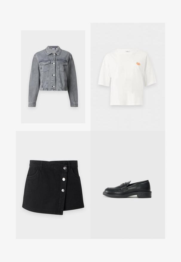 Grå cropped denimjakke med lange ærmer, knaplukning foran og to brystlommer med klap på hvid baggrund.; Hvid T-shirt med korte ærmer og rund hals med lille broderet appelsindetalje på venstre bryst.; Sort denim mini nederdel med asymmetrisk frontklap, tre sølvtryknapper, bæltestropper og to sidelommer.; Sorte læder loafers med rund tå, stikninger og en lille hæl. Glat tekstur og en fleksibel gummisål.