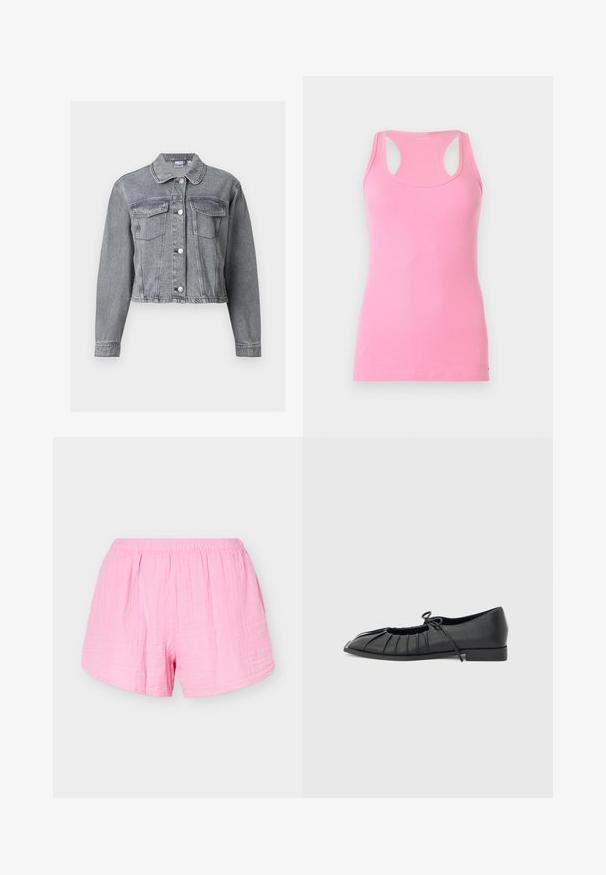 Veste en denim grise courte avec manches longues, devant boutonné et deux poches à rabat sur la poitrine, sur fond blanc.; Débardeur rose côtelé à dos nageur avec encolure arrondie, confectionné dans un tissu doux, présenté sur un fond clair uni.; Shorts en coton rose clair avec taille élastique et coupe ample, affichés sur un fond clair uni.; Chaussure plate noire avec design plissé à l'avant et un nœud noué sur le dessus, petit talon, et texture lisse sur un fond gris clair.