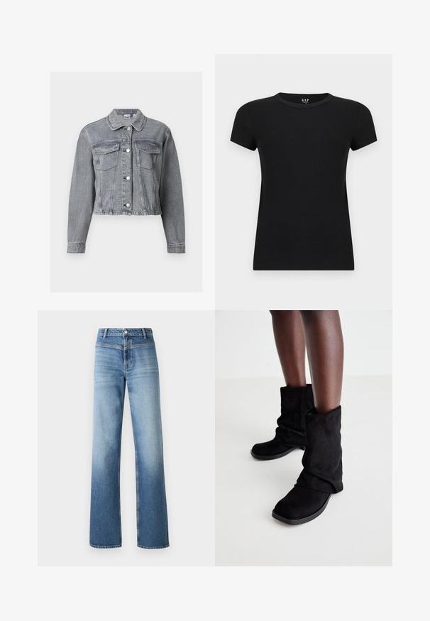 Grijze cropped spijkerjack met lange mouwen, knoopsluiting aan de voorkant en twee borstzakken met klep op een witte achtergrond.; Zwart dames T-shirt met korte mouwen en ronde hals, slim fit, afgebeeld tegen een effen lichte achtergrond.; Lichtblauwe denim jeans met een hoge taille, rechte pijpen, vervaagde was en klassieke vijf-pocket stijl. Afgewerkt met een knoopsluiting.; Zwarte suède enkellaarsjes met een slouchy ontwerp, met een platte zool en een vierkante neus, gepresenteerd op donkere benen tegen een lichte achtergrond.