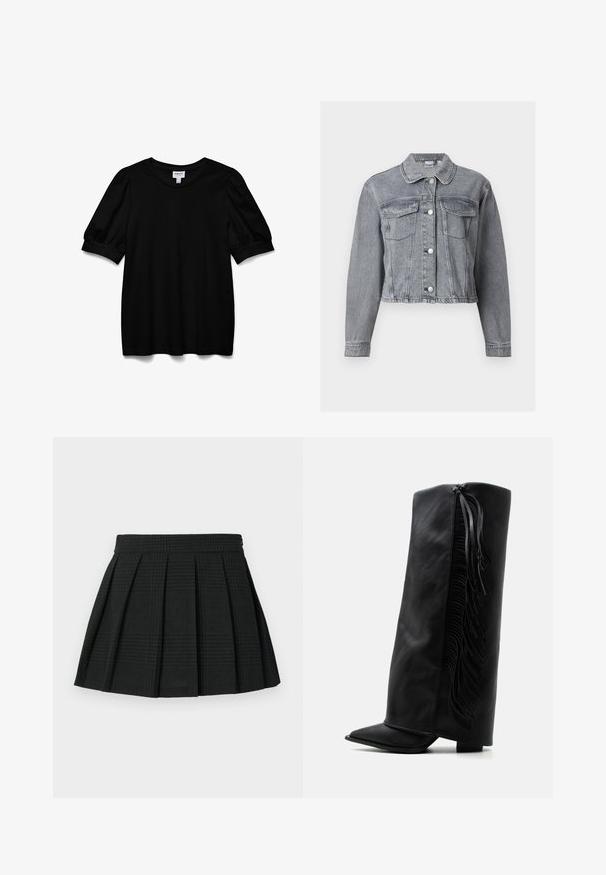 Graue, kurze Jeansjacke mit langen Ärmeln, Knopfleiste vorne und zwei Brustklappentaschen auf weißem Hintergrund.; Schwarzes Kurzarmoberteil mit Rundhalsausschnitt, aus glattem Stoff. Mit Puffärmeln und lockerer Passform. Einfaches, ungeschmücktes Design.; Schwarzer, plissierter Rock aus strukturiertem Stoff. Verfügt über einen Taillenbund und ein dezentes Karomuster. Kurze Länge mit schichtweisen Falten.; Schwarzer kniehoher Lederstiefel mit spitzer Zehe und dekorativem Fransen entlang der Außenseite vor einem einfarbigen weißen Hintergrund.