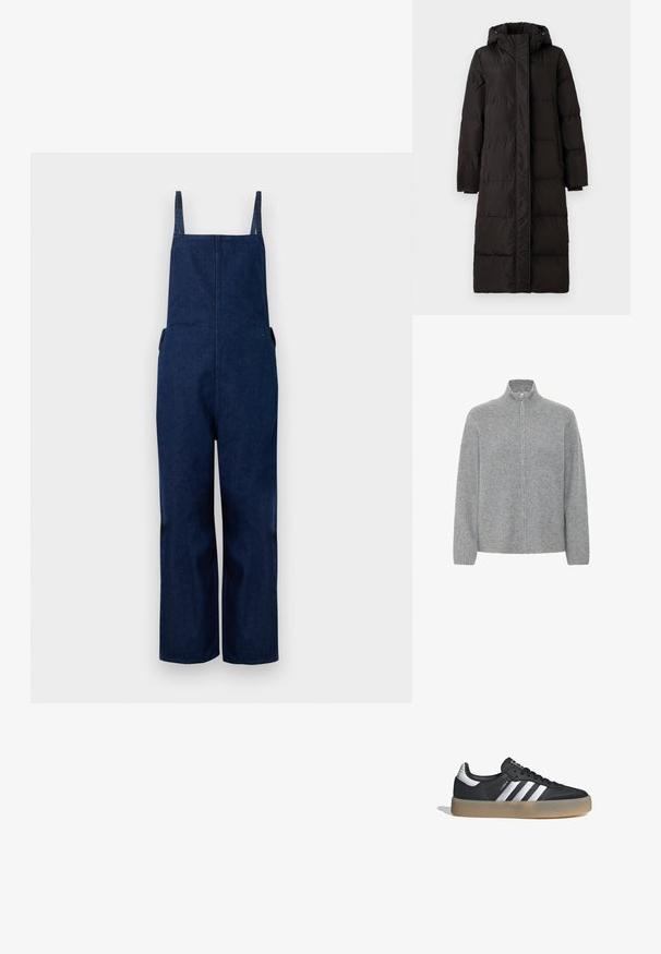 VILA down VISTARI Hooded - Abrigo de plumas - black beauty; Pantalones de mezclilla azul marino con perneras amplias, tirantes ajustables y bolsillos laterales, que presentan un diseño limpio y minimalista con una textura suave.; ICHI IHDUCIE CA - Chaqueta de punto - grey melange; Zapatilla deportiva de cuero negro con tres rayas plateadas, punta texturizada y suela de goma. Cuenta con un collar acolchado y un diseño con cordones.