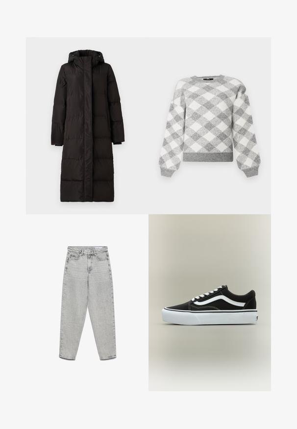 VILA down VISTARI Hooded - Dunfrakker - black beauty; Grå og hvid ternet sweater med rund halsudskæring, lange puffærmer og ribkant. Lavet af et blødt, struktureret materiale.; Lysegrå højtaljede jeans med lige ben, forlommer, bæltestropper og lynlåslukning.; Lavtop sort sneaker med hvid side stribe, hvide snørebånd, hvid gummisål og tekstureret tåhætte på neutral baggrund.