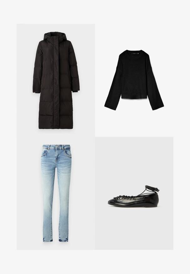 VILA down VISTARI Hooded - Manteau en duvet - black beauty; Pull en tricot noir avec un col rond, des manches longues et un design court. Tissu texturé avec des poignets et un ourlet côtelés.; Jean en denim bleu clair avec un effet dégradé. Comprend cinq poches, une fermeture à bouton et à zipper, et une coupe droite. Aucune motif visible.; Ballerines en cuir verni noir avec un bout rond, un design à lacets et une semelle plate. Texture lisse avec peu de détails.