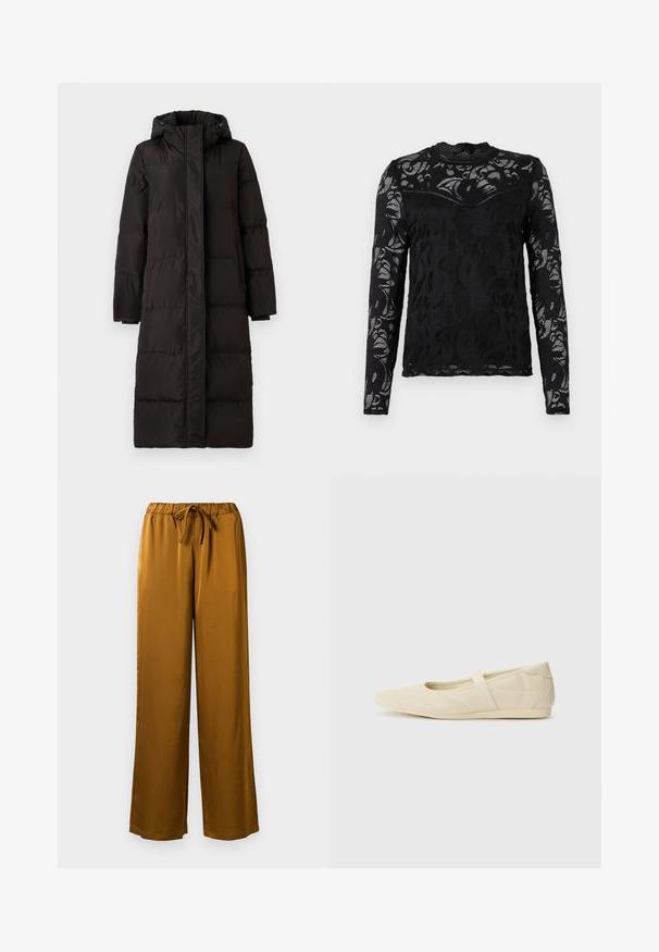 VILA down VISTARI Hooded - Abrigo de plumas - black beauty; Top negro de manga larga fabricado en encaje, con un patrón floral, cuello alto y una silueta ajustada con detalles texturizados en toda su superficie.; Pantalones amplios de satén marrón con una cinturilla elástica y cordón de ajuste. Textura suave y diseño de largo completo con un ajuste relajado.; Bailarinas beige con un exterior de cuero liso, punta en forma de almendra y una correa elástica en el empeine, con detalles de costura sutiles.