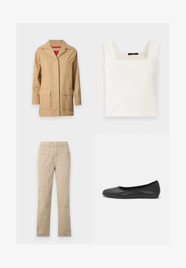 Chaqueta de lona beige con cuello tipo solapa, dos bolsillos en el pecho y dos bolsillos laterales inferiores. En el interior presenta un forro de patrón rojo.; Top blanco sin mangas con escote cuadrado, hecho de una tela suave y lisa. Presenta un corte holgado y un diseño minimalista.; Pantalones de algodón beige con diseño de pierna recta, que cuentan con un cierre frontal con botón, dos bolsillos frontales y detalles de costura sutiles.; Bailarina de piel negra con punta redondeada, textura suave, detalle de costura minimalista y diseño de suela flexible.