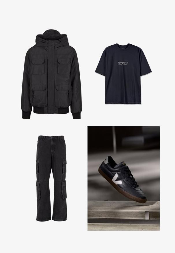 Sort polstret jakke med hætte, der har to brystlommer og to sidelommer med lynlås. Manchetter ved ærmerne og en lige kant. Glat stoftekstur.; Sort bomulds t-shirt med rund hals, prydet med et hvidt trykt logo "Pescador Club" og "Scent of Summer" på fronten. Korte ærmer.; Sorte cargo-bukser lavet af denim, med en løs pasform, flere sidelommer og syet detaljer. Teksturen er let falmet.; Sort lædersneaker med hvid V-logo, snørebånd foran, perforerede detaljer og brunt gummisål; slankt design med minimale accenter.