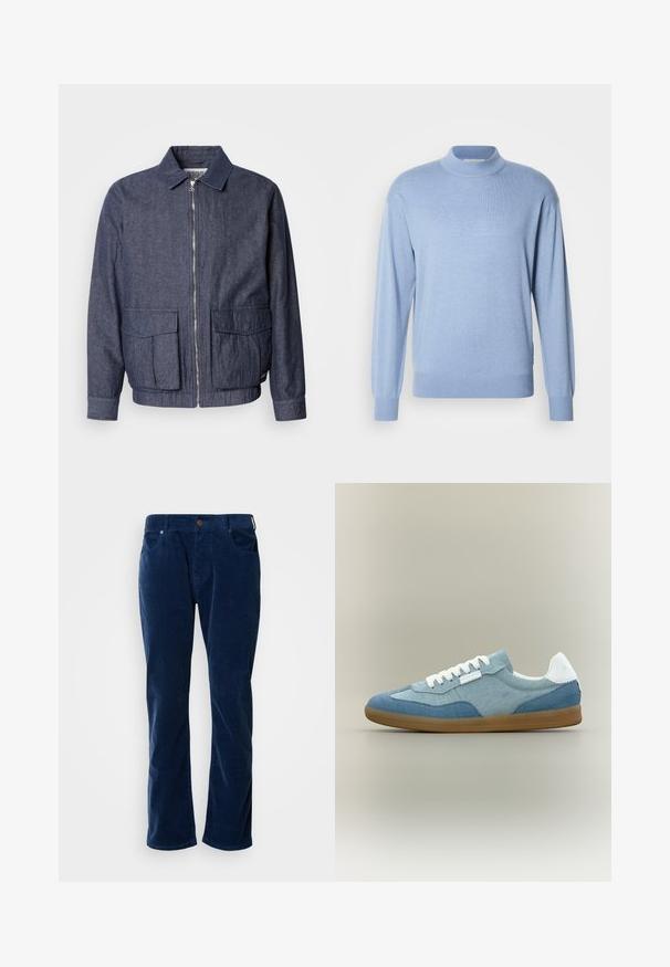Scotch & Soda BLOUSON - Blouson Bomber - sky captain; Scotch & Soda SEASONAL CORE DROPPED SHOULDER MOCK NECK - Pullover - faded denim; Scotch & Soda THE ZEE STRAIGHT - Pantalon classique - insignia blue; Baskets basses décontractées avec des panneaux en tissu bleu clair et bleu foncé, lacets blancs, languette de talon blanche et semelle en caoutchouc marron sur fond neutre.