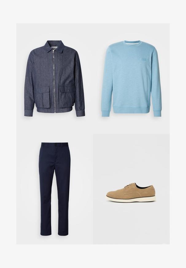 Scotch & Soda BLOUSON - Chaquetas bomber - sky captain; Sudadera de color azul claro, fabricada con una mezcla de algodón, que presenta un cuello redondo, mangas largas, puños acanalados y un sutil patrón texturizado.; Pantalones azul marino de mezcla de algodón. Presenta una pierna recta, una cinturilla con pasadores para cinturón y un cierre frontal con botón.; Zapato de gamuza marrón claro con cordones, suela blanca y corte bajo en el tobillo, mostrado de perfil sobre un fondo neutro.