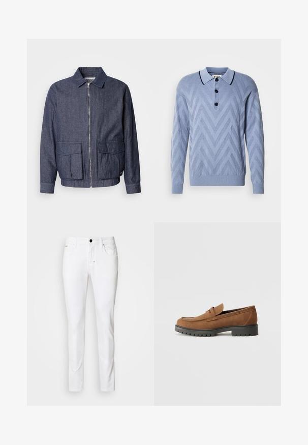 Scotch & Soda BLOUSON - Bomberjacks - sky captain; Lichtblauwe gebreide polo met een chevronpatroon, drie zwarte knopen en een contrasterende marineblauwe kraag. Lange mouwen en geribde manchetten.; Witte denim jeans met een rechte pijpdesign, klassieke vijf-pocket stijl, metalen knoopsluiting en subtiele stikseldetails.; Bruine suede instappers met een ronde neus en een lage zwarte rubberen zool, met een decoratieve band en stiksel details op het bovenwerk.
