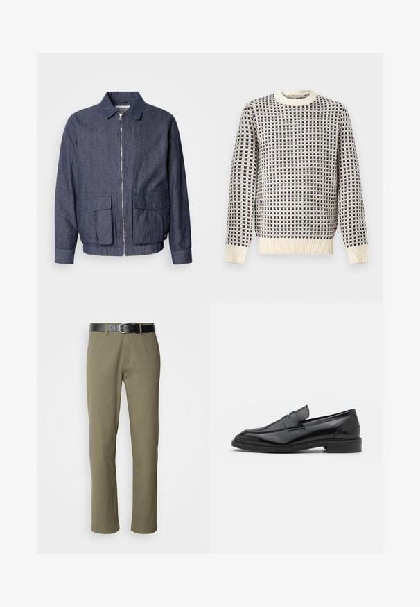 Scotch & Soda BLOUSON - Bomber-jakk - sky captain; Kreemjas ja tumesinine kootud kampsun tekstuurse ruudulise mustriga, soonikkoes varrukaservade, allääre ja ümara kaelusega.; Oliivrohelised sirged püksid, mis on valmistatud puuvillast, musta nahkrihmaga, nähtava õmblusega ja küljetaskutega.; Mustad nahast loafers, millel on sile viimistlus, ümar varvas ja kitsas riba peal. Madal kühveldatud konts.