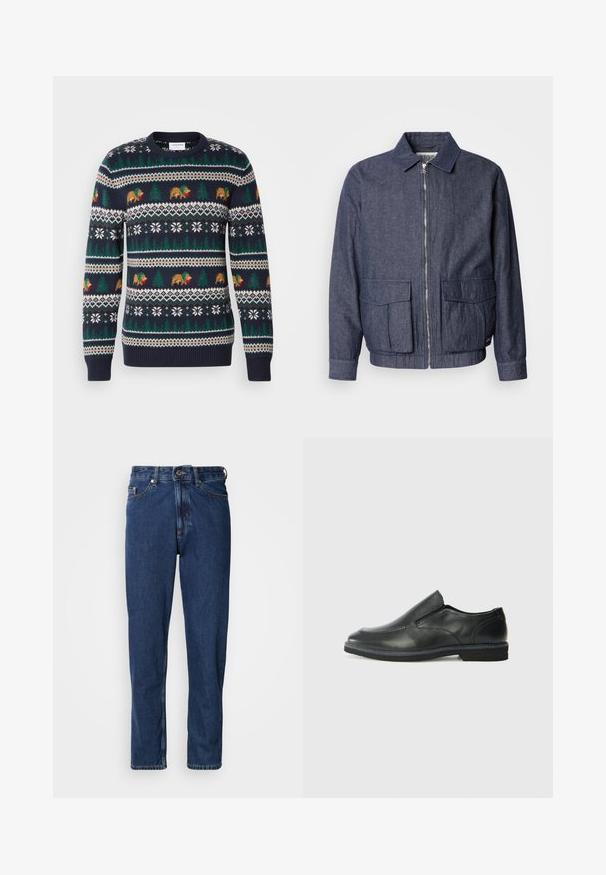 Scotch & Soda BLOUSON - Bomberjacks - sky captain; Marineblauwe gebreide trui met een feestpatroon van beren, bomen en sneeuwvlokken in groen, bruin en wit. Geribbelde boorden en zoom.; Donkerblauwe spijkerbroek gemaakt van denim, met een rechte pijp, vijfzakkenontwerp en zichtbare stiksels langs de naden.; Zwarte leren instapper met een soepele bovenkant, gestikte accenten, ronde neus en een lage rubberen hak. De zool heeft minimale profiel.