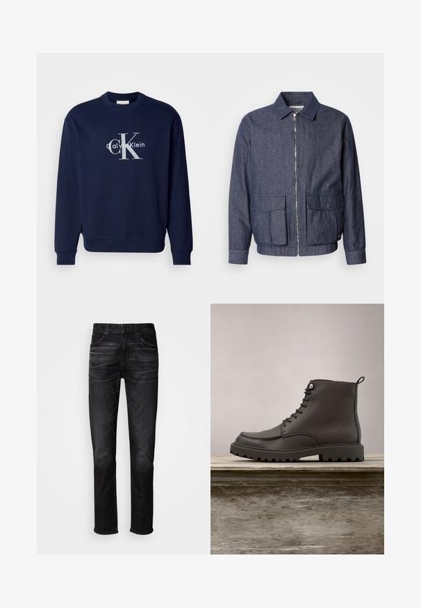 Scotch & Soda BLOUSON - Chaquetas bomber - sky captain; Sudadera de algodón en azul marino con cuello redondo, mangas largas y puños de canalé; presenta un gran logotipo plateado con "Calvin Klein" y "CK."; Vaqueros de mezclilla negra con corte recto, diseño de cinco bolsillos, sutil desgaste y cierre de botones. Estilo clásico adecuado para uso casual.; Botín de cuero gris hasta el tobillo con diseño de cordones, suela resistente y textura suave. Presenta una costura acolchada y una lengüeta en el talón.
