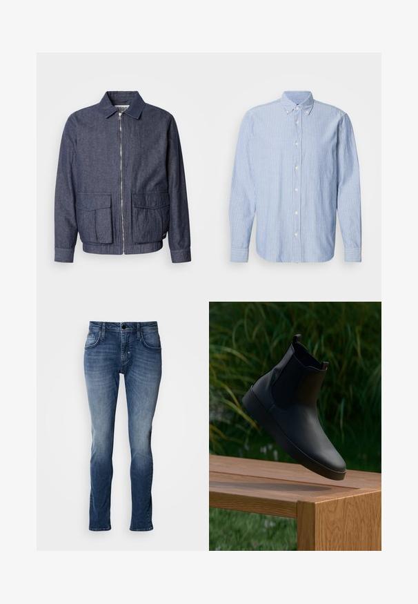 Scotch & Soda BLOUSON - Chaquetas bomber - sky captain; Camisa de botones en azul claro con rayas blancas, que presenta un cuello clásico y mangas largas. Confeccionada en tejido tejido con una textura suave.; Jeans de mezclilla azul con acabado desgastado, diseño de cinco bolsillos, corte recto y detalles de costura. Cierre sencillo con botón y cremallera.; Botín negro de cuero con paneles laterales elásticos, textura suave, punta redondeada y suela plana, posicionado sobre una mesa de madera con un fondo de vegetación.