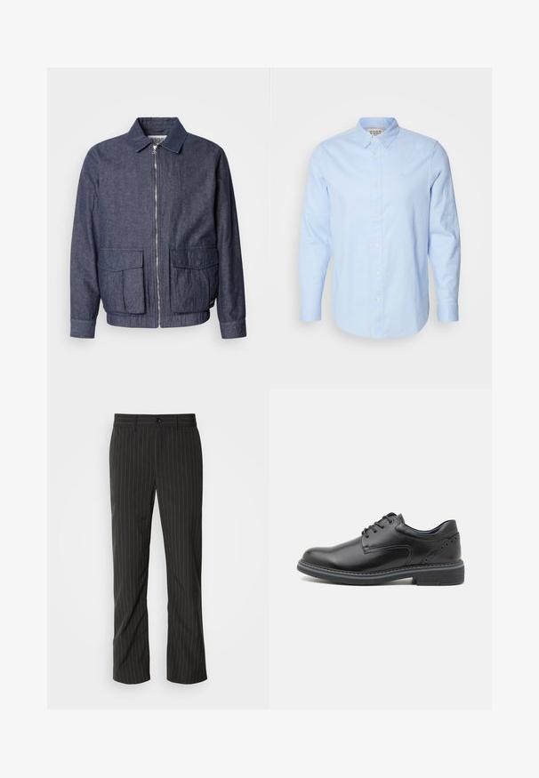 Scotch & Soda BLOUSON - Chaquetas bomber - sky captain; Camisa de botones de manga larga de color azul claro con cuello abotonado, botones blancos y un discreto logotipo bordado en el lado izquierdo del pecho.; Pantalones de rayas negras con corte recto. Presentan una textura suave, cierre frontal con botón y pasadores para cinturón.; Zapato de piel negra con cordones y acabado suave, punta redonda y tacón texturizado. Presenta ojales azules en contraste y costuras decorativas.