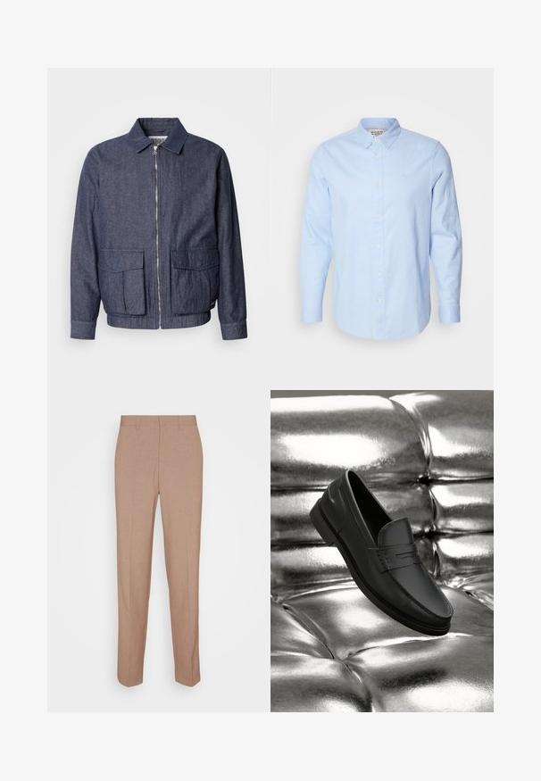 Scotch & Soda BLOUSON - Bomberjacke - sky captain; Himmelblaues Langarm-Hemd mit Knopfleiste, Button-Down-Kragen, weißen Knöpfen und subtil gesticktem Logo auf der linken Brust.; Beige, maßgeschneiderte Hose aus glattem, strukturiertem Stoff. Gerade Passform mit Bund, ohne sichtbare Verzierungen oder Taschen.; Schwarze Lederloafers mit glatter Oberfläche, mit Ziernähte und klassischem Design, präsentiert vor einem metallischen, glänzenden Hintergrund.