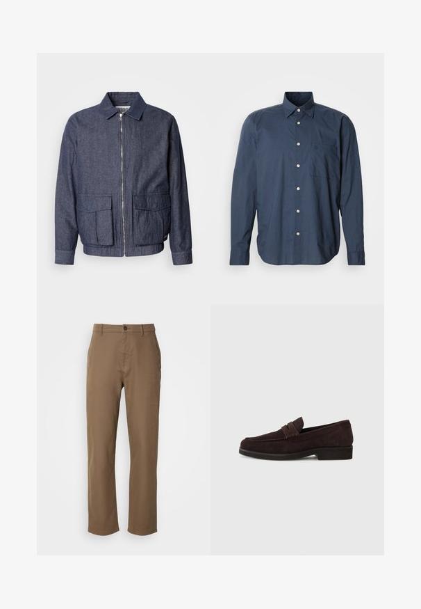 Scotch & Soda BLOUSON - Chaquetas bomber - sky captain; Camisa abotonada azul marino con mangas largas, pequeño patrón de cuadros, un bolsillo en el pecho y botones blancos sobre un fondo liso.; Pantalones de algodón marrones con corte recto, cierre de botón y bolsillos laterales. Presentan una textura suave y un diseño simple, sin adornos.; Mocasines de ante marrón con un perfil bajo y punta redonda. Presentan una correa decorativa en la parte superior, suela plana de goma y sin costuras visibles.