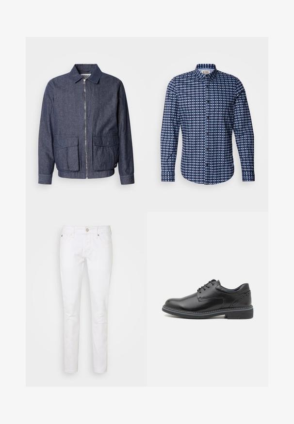 Scotch & Soda BLOUSON - Chaquetas bomber - sky captain; Scotch & Soda SLIM FIT SHIRT - Camisa - faded denim; Jeans de denim blanco con corte ajustado, que cuentan con un clásico diseño de cinco bolsillos, con cierre de botón y detalles de costura sutiles.; Zapato de piel negra con cordones y acabado suave, punta redonda y tacón texturizado. Presenta ojales azules en contraste y costuras decorativas.