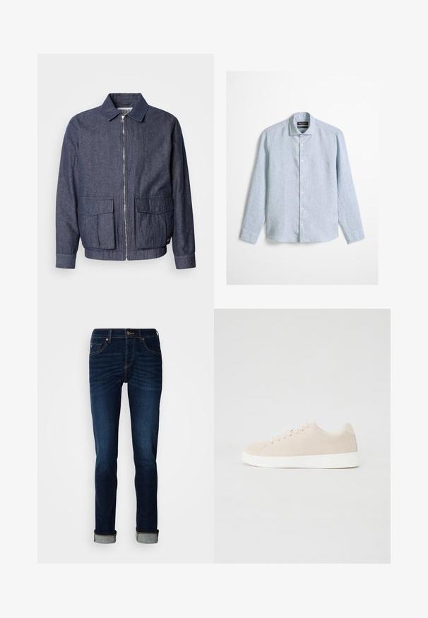 Scotch & Soda BLOUSON - Bomberjakke - sky captain; Lyseblå langærmet skjorte med knapper og klassisk krave, lavet af tekstureret stof, vist mod en ensfarvet baggrund.; Dunkelblå jeans med lige ben, lynlås, og opkrøllede kanter. Fremstillet af denim med let falmende farve og kontrastfarvede syninger.; Beige ruskindsneakers med hvide gummisåler, rund tå og seks snøringshuller. Glat tekstur med minimalisk design.