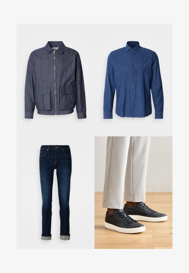 Scotch & Soda BLOUSON - Blouson Bomber - sky captain; Chemise à manches longues bleue en tissu texturé, avec un col traditionnel, une fermeture à boutons et un discret logo brodé sur la poitrine.; Jean bleu foncé avec une coupe droite, zip, et ourlet retroussé. Fabriqué en denim avec un léger délavage et des détails de couture contrastants.; Baskets en cuir noir avec surface texturée, semelle en caoutchouc blanc, lacets plats, associées à un pantalon tailleur gris clair.