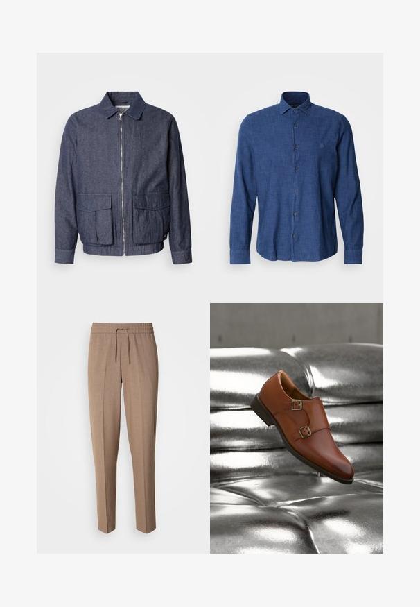 Scotch & Soda BLOUSON - Bomberjacks - sky captain; Blauw overhemd met lange mouwen van textiel met structuur, voorzien van een traditionele kraag, knoopsluiting aan de voorkant en subtiele logo borduursel op de borst.; Bruine, geweven stoffen broek met een relaxte pasvorm, trekkoord taille en plooien aan de voorkant. Rechte pijpen en geen zichtbare zakken of hardware.; Bruine leren dubbel monnikssluiting schoen zweeft boven een glanzende metalen zilveren gecapitonneerde bank.