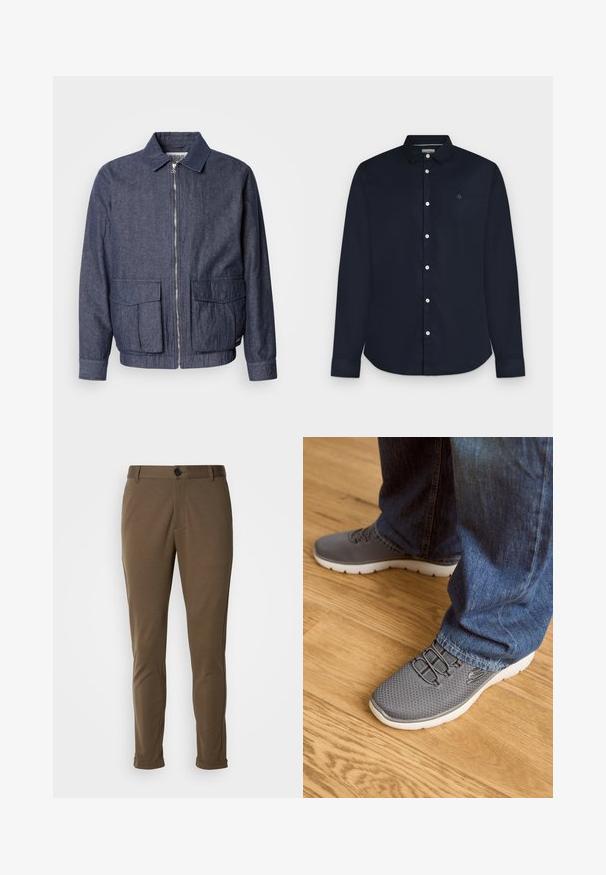 Scotch & Soda BLOUSON - Bombera - sky captain; Pánska dlhá tmavomodrá košeľa s golierom a bielymi gombíkmi, zobrazená na svetlosivom pozadí.; Hnedé nohavice s presným strihom a hladkou textúrou, s gombíkovým zapínaním a vyhrnutými manžetami. Navrhnuté so štíhlym strihom a funkčnými vreckami.; Šedé športové topánky s sieťovinou, bielou podrážkou a elastickými šnúrkami. V kombinácii s modrými džínsami na drevenej podlahe.
