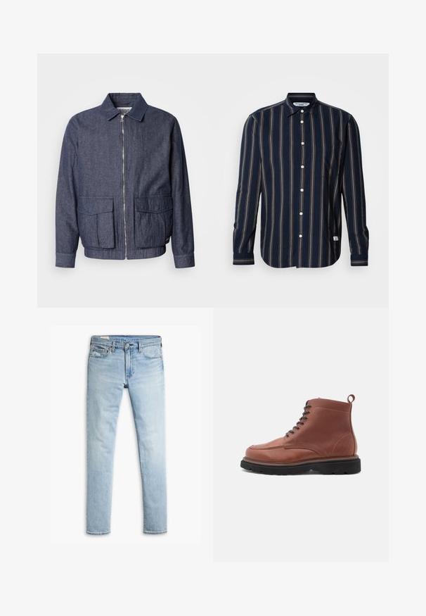 Scotch & Soda BLOUSON - Bomberjakke - sky captain; Langærmet, mørkeblå skjorte med knapper og lodrette striber i rød, grøn og creme. Har en brystlomme og almindelig krave. Fremstillet i bomuld.; Lysblå slim-fit denimjeans med knap- og lynlås-lukning, forlommer og bæltestropper på hvid baggrund.; Brune læder ankelstøvler med rund tå, snørebånd foran og struktureret overflade, der har en pull-tab og en robust sort sål.