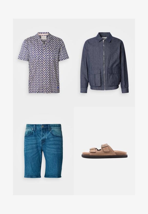Scotch & Soda BLOUSON - Chaquetas bomber - sky captain; Camisa de manga corta con tela de color beige claro y un patrón de puntos en azul oscuro, cuello con muesca y cierre frontal de botones. Incluye un bolsillo en el pecho.; Shorts de mezclilla en un lavado azul medio. Cuenta con un cierre de botón, cinco bolsillos y un ligero desgastado con un corte recto.; Sandalia tipo slide de ante marrón con suela negra, cuenta con dos correas ajustables con hebillas y detalle de costura blanca, vista lateral sobre fondo blanco.