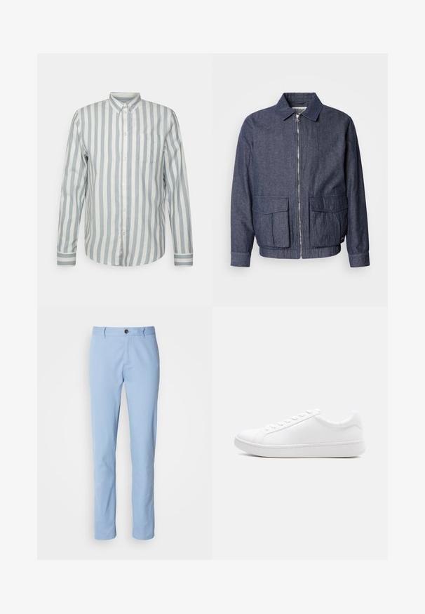 Scotch & Soda BLOUSON - Blouson Bomber - sky captain; Chemise à boutons en bleu clair et blanc cassé à rayures. Dispose d'un col classique, de manches longues et d'une poche poitrine. Tissu doux, coupe décontractée.; Chinos en coton bleu clair avec une coupe droite, dotés d'une fermeture à un bouton et de plis avant subtils.; Baskets blanches basses à lacets, tige en cuir lisse et semelle épaisse en caoutchouc, vues de profil sur un fond uni.