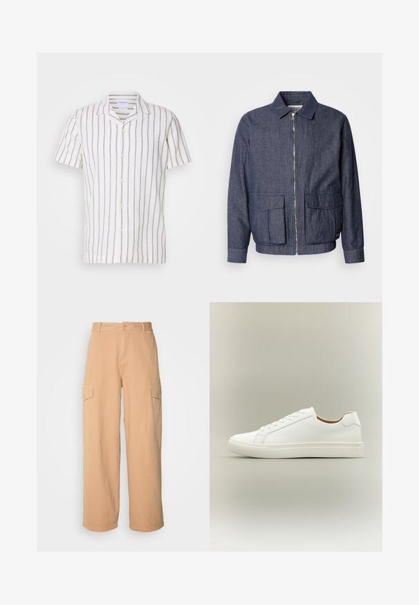 Scotch & Soda BLOUSON - Chaquetas bomber - sky captain; Camisa de lino de manga corta con rayas verticales en gris claro sobre un fondo blanco, con un cuello clásico y cierre frontal de botones.; Pantalones cargo de pierna ancha en color beige, confeccionados en tela ligera, con dos bolsillos laterales y cierre de botón en la cintura. Textura suave.; Zapatilla blanca de corte bajo con cierre de cordones y suela plana, mostrada de perfil sobre un fondo neutro.