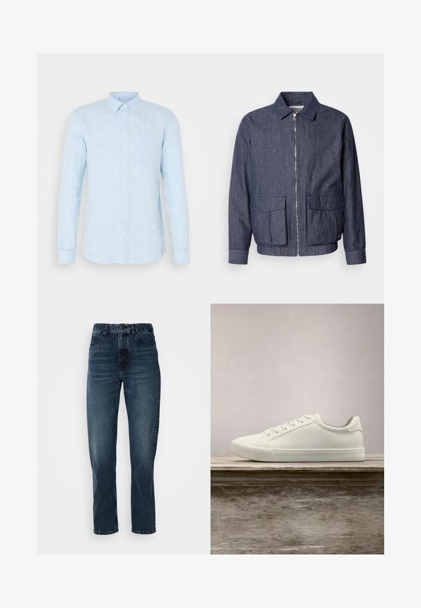 Scotch & Soda BLOUSON - Bomberjacke - sky captain; Helles blaues Leinenhemd mit langen Ärmeln, spitzem Kragen und einer Brusttasche. Verfügt über eine leicht strukturierte Oberfläche und Knopfverschluss.; Dunkelblaue gerade Jeans mit Knopf- und Reißverschluss vorne, Fünf-Taschen-Design und subtiler Ausbleichung an Oberschenkeln und Knien.; Weiße Schnürsneaker, die über einer Holzbank mit grünem Laub im Hintergrund schweben und das Schuhdesign sowie die Textur zeigen.