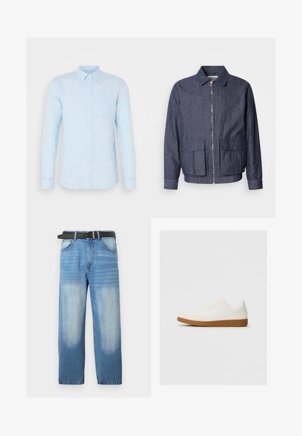 Scotch & Soda BLOUSON - Bomberjacks - sky captain; Lichtblauwe linnen overhemd met knopen, lange mouwen, spitse kraag en een borstzak. Heeft een licht gestructureerd oppervlak en knoopsluiting.; Lichtblauwe denim jeans met een rechte pijp, voorzien van een zwarte riem, vervaagde vlekken en subtiele diagonale textuur op het bovenste gedeelte.; Witte sneaker met een suède neus, een glad synthetisch bovenwerk en een tan rubberen zool. Beschikt over perforaties aan de zijkanten voor ventilatie.