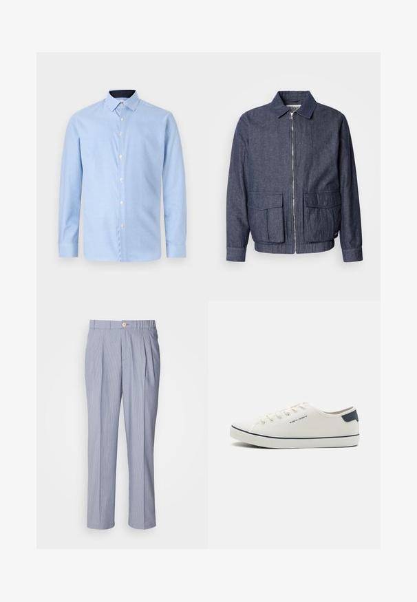 Scotch & Soda BLOUSON - Bomberjacke - sky captain; Langärmliges Hemd in Hellblau mit kleinem Karomuster, weißen Knöpfen und einem kontrastierenden dunkelblauen Kragen. Weicher Stoff.; Gestreifte Hose in Hellblau und Weiß, mit Knopfverschluss, plissierter Vorderseite und geradem Bein-Design. Glatte Stofftextur.; Leinen-Sneaker in Off-White mit marineblauen Akzenten, runde Spitze, Schnürdesign und strukturierten Gummisohle. Schlichte und klare Ästhetik.