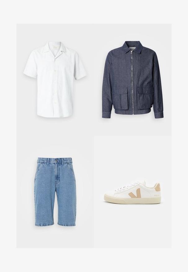 Scotch & Soda BLOUSON - Bomberjakke - sky captain; Kortærmet, lysegrå knappeskjorte lavet af en blanding af hør med en camp krave og seks knapper ned foran, blød tekstur.; Denimshorts i lys blå, med et klassisk fem-lomme design, knap- og lynlåslukning, rå kant og falmet tekstur.; Hvide sneakers med beige detaljer, glat lædermateriale, rund tå, flad gummisål og snørebånd foran med et logo på hælen.