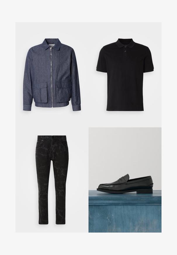 Scotch & Soda BLOUSON - Bomberjacke - sky captain; Schwarzes Poloshirt aus Baumwolle mit klassischem Kragen, zweiknöpfiger Knopfleiste, kurzen Ärmeln und einem gestickten Logo auf der Brust.; Schwarze Jeans aus Denim mit marmoriertem Muster, geradem Bein, Fünf-Taschen-Stil und Knopfverschluss am Bund.; Schwarze Leder-Loafer mit schlankem Design, ausgestattet mit einer abgesteppten Zehe und einer glatten Oberfläche. Der Schuh verfügt über einen flachen Absatz und minimale Verzierungen.