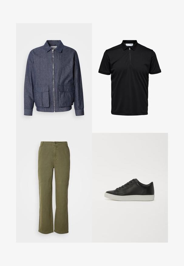 Scotch & Soda BLOUSON - Bombera - sky captain; Čierne polo tričko s krátkym rukávom, so zipsom na golieri a textúrovanými manžetami, zobrazené na bielom pozadí.; Olivové bavlnené nohavice so strihom rovného nohu, viditeľným zapínaním na gombík a švovými akcentmi na kolenách pre pridanie detailu a štruktúry.; Čierne kožené tenisky s okrúhlym špičkou, plochou bielou gumovou podrážkou a šnurovaním na šesť dierok. Hladká textúra, minimalistický štýl.