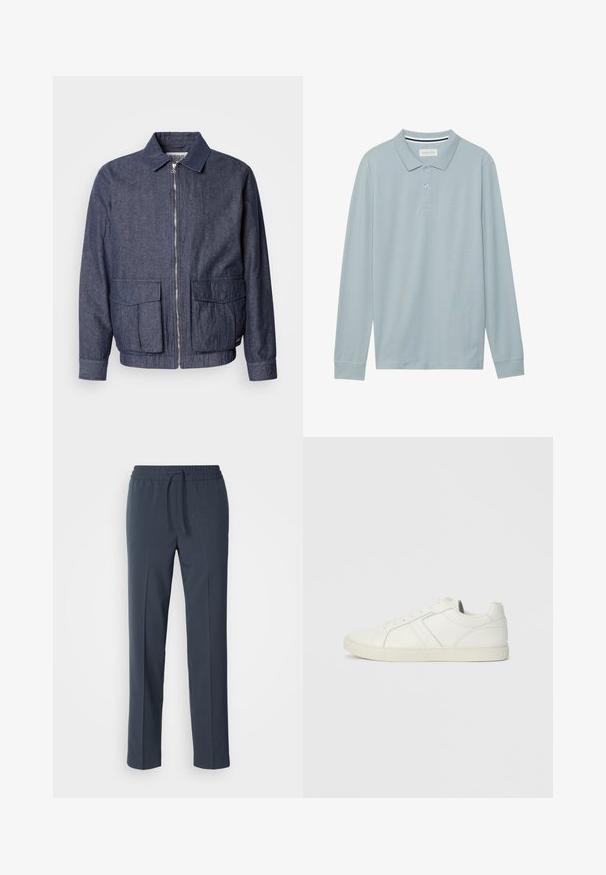 Scotch & Soda BLOUSON - Bomber-jakk - sky captain; Heledadadega polosärk helesinises värvitoonis, millel on lame krae, kolm nuppu ja peene struktuuriga kangas. Omab triibulist sisekraed.; Tumedat sinised, kerged püksid kummipaelaga vööl, sirged sääred ja sile tekstuur. Mingeid mustreid ega aktsente ei ole nähtaval.; Madala läädiga valge nahk tennisjalats, millel on paelad ja tasane kummitald, vaadatuna seestpoolt ühetaolisel taustal.