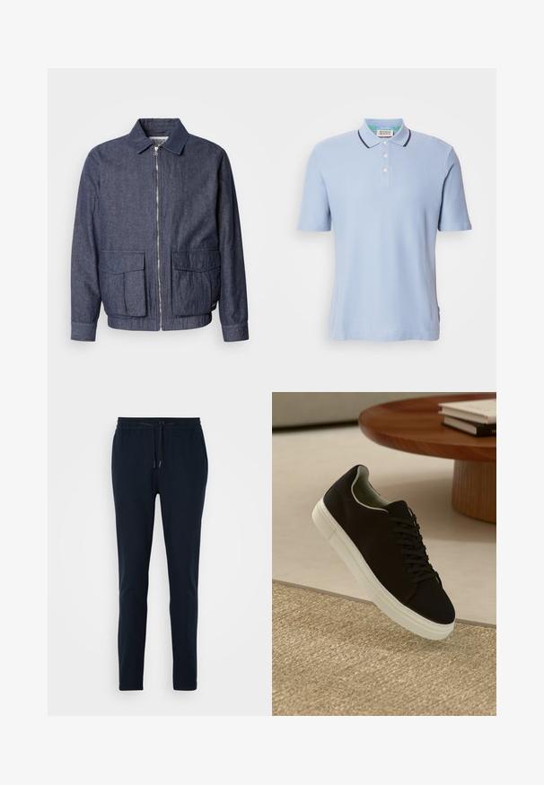 Scotch & Soda BLOUSON - Bomberjacks - sky captain; Lichtblauw polo shirt van ribstof, voorzien van een twee-knops sluiting, korte mouwen en marineblauwe afwerking op de kraag.; Navy blauwe jogpants gemaakt van zacht materiaal met een elastische tailleband, verstelbare trekkoord en taps toelopende pijpen.; Zwarte sneaker met witte zool die boven een beige gestructureerd tapijt zweeft, nabij een ronde houten tafel met gestapelde boeken.
