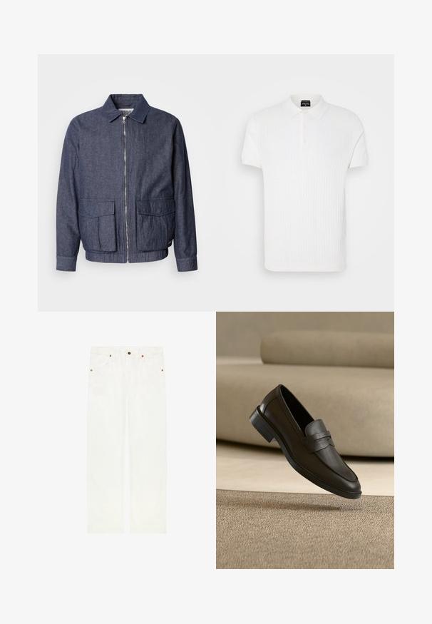 Scotch & Soda BLOUSON - Bomberjacks - sky captain; Witte polo met korte mouwen, voorzien van een textuur gebreid patroon, klassieke kraag en drie knopen. Glad stoffen afwerking.; Witte broek met rechte pijpen, voorzakken, riemlussen en koperen knoop- en klinknageldetails.; Zwarte leren loafer die rust op een beige tapijt met een gebogen beige bank op de achtergrond.