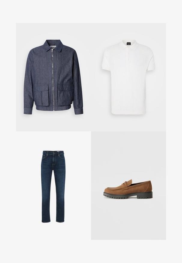 Scotch & Soda BLOUSON - Bomberjacks - sky captain; Witte polo met korte mouwen, voorzien van een textuur gebreid patroon, klassieke kraag en drie knopen. Glad stoffen afwerking.; WE Fashion BLUE RIDGE - Straight leg jeans - dark blue; Bruine suede instappers met een ronde neus en een lage zwarte rubberen zool, met een decoratieve band en stiksel details op het bovenwerk.