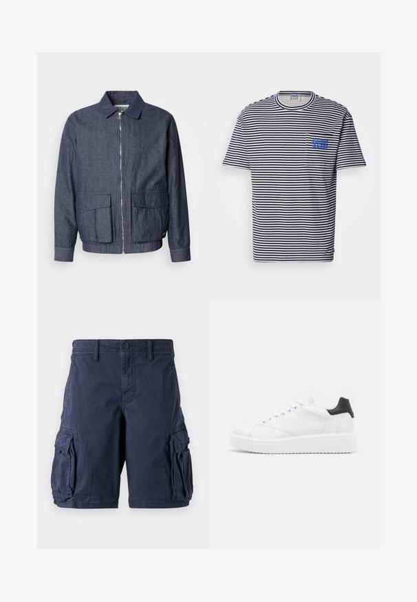 Scotch & Soda BLOUSON - Bomberjakke - sky captain; Scotch & Soda POCKET - T-shirts print - white / navy; Mørkeblå cargo shorts lavet af bomuld. Har flere sidelommer, knappelukning og en afslappet pasform. Glat tekstur og holdbart design.; Hvide lædersneakers med en sort hælflap, flade snørebånd, struktureret mellemsål og branding på ydersiden. Designet til afslappet brug.