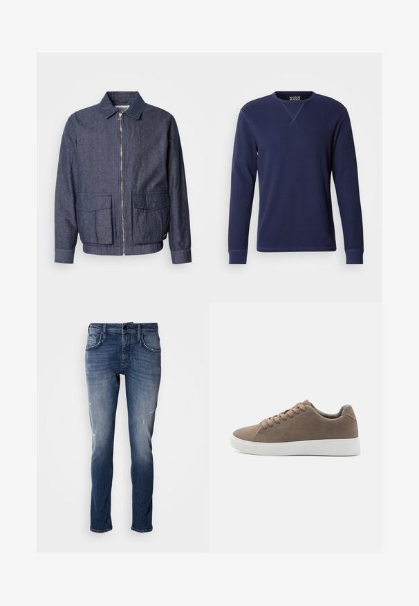 Scotch & Soda BLOUSON - Chaquetas bomber - sky captain; Scotch & Soda Camiseta de manga larga - peacoat; Antony Morato KURT COMFORT - Vaqueros tapered - blue denim; Zapatillas de ante marrón con suelas de goma blanca planas, diseño de cordones, punta redondeada y una textura suave. Estilo minimalista con sutiles detalles de costura.