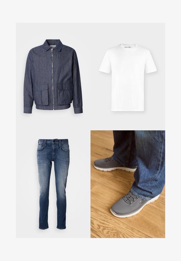 Scotch & Soda BLOUSON - Bombera - sky captain; Jednoduché biele tričko s krátkym rukávom a okrúhlym výstrihom, zobrazené z prednej strany na svetlosivom pozadí bez viditeľných log.; Antony Morato KURT COMFORT - Džínsy tapered fit - blue denim; Šedé športové topánky s sieťovinou, bielou podrážkou a elastickými šnúrkami. V kombinácii s modrými džínsami na drevenej podlahe.