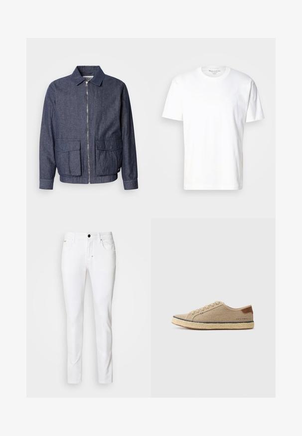 Scotch & Soda BLOUSON - Bomberjacks - sky captain; Witte katoenen t-shirt met een ronde hals en korte mouwen. Kenmerkt zich door een subtiele logo-detail aan de voorkant. Gladde textuur, casual pasvorm.; Witte denim jeans met een rechte pijpdesign, klassieke vijf-pocket stijl, metalen knoopsluiting en subtiele stikseldetails.; Beige canvas sneaker met een ronde neus, jute zool, bruine leren accent bij de hak en ton-sur-ton stiksels langs de zijkant.