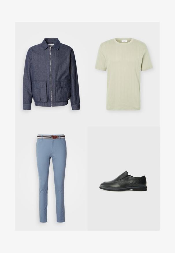Scotch & Soda BLOUSON - Bomberjacks - sky captain; Lichtgroen kortemouwen gebreid T-shirt met ronde hals en subtiele verticale textuurpatronen.; Lichtblauwe broek met een slim fit, voorzien van een bruine leren riem met witte en marineblauwe gestreepte accenten. Glad stofoppervlak, klassiek ontwerp.; Zwarte leren instapper met een soepele bovenkant, gestikte accenten, ronde neus en een lage rubberen hak. De zool heeft minimale profiel.