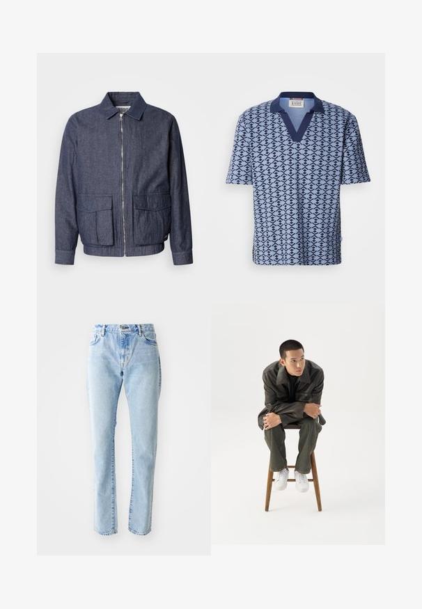 Scotch & Soda BLOUSON - Blouson Bomber - sky captain; Scotch & Soda PRINTED RELAXED FIT - Polo - faded denim; Jeans en denim bleu clair avec une coupe droite, style cinq poches et taille haute. Peu de décoloration et pas d'ornements visibles.; Jeune homme en veste en cuir foncée et jean, assis sur un tabouret en bois, penché en avant, les bras croisés, regardant sur le côté sur fond blanc.